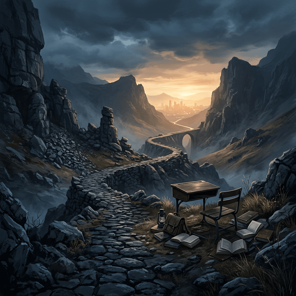 Desk, chair, books, and satchel beside a mountain path overlooking a distant city