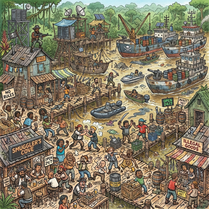 Busy pirate harbor with ships, smugglers, fights, taverns, and signs reading No Rules, Smuggler's Cove, Open 24/7, Illegal Goods, and Avast Ye