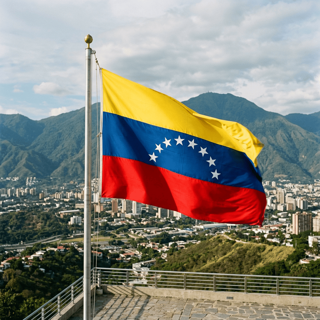 Venezuelan flag flying above Caracas with mountains and city below