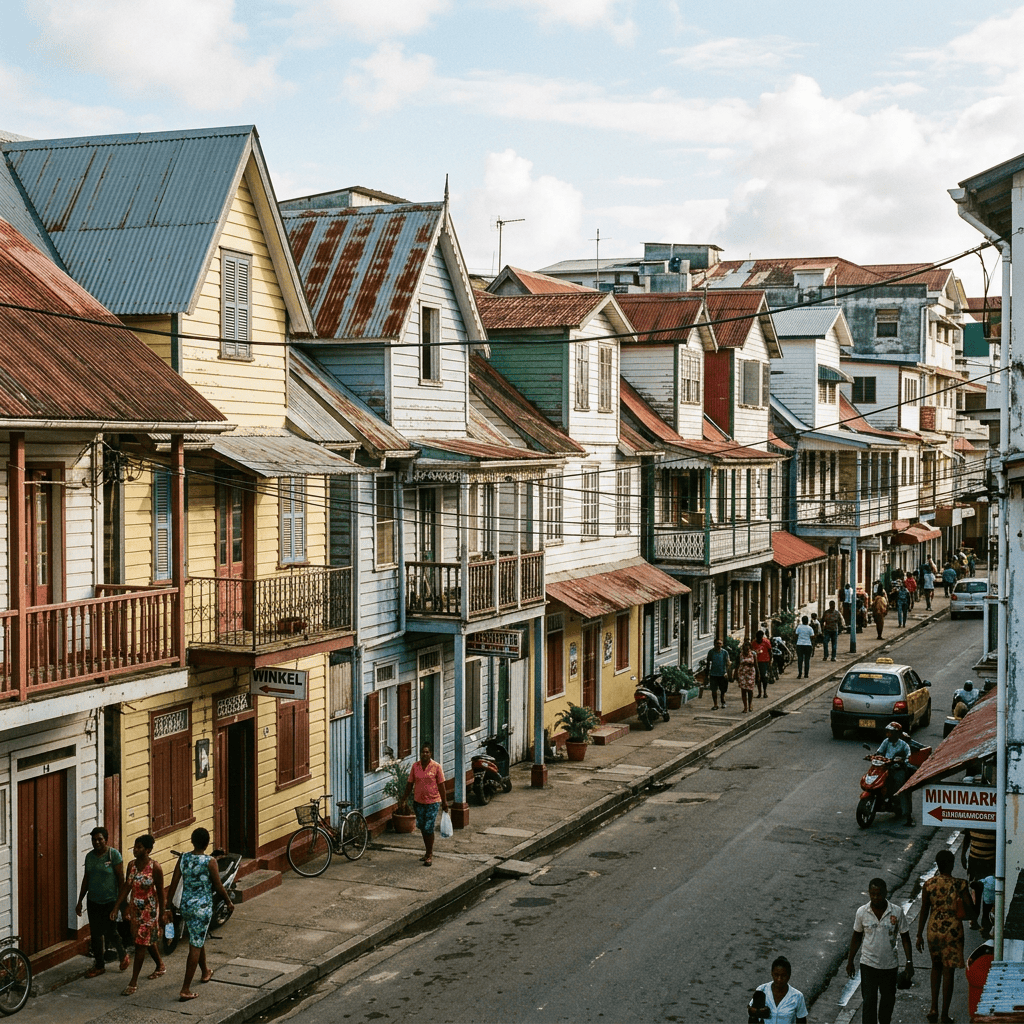Colorful wooden houses line a street; signs read WINKEL and MINIMARKET.