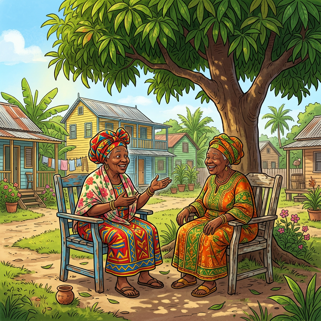 Two women in colorful clothing converse beneath a large tree in a village courtyard